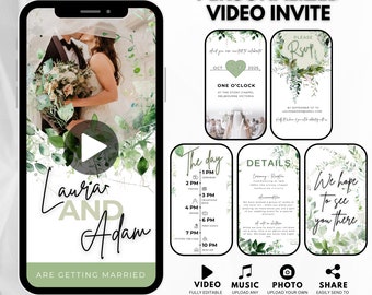 May include: A personalized wedding video invitation template with a green and white floral design. The template includes a video player, a photo, and a music player. The text on the template reads "Laurar and Adam are getting married".