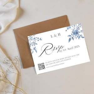 Blumenhochzeit Rsvp Karte Canva Vorlage Monogramm Rsvp mit QR-Code Antwort blau Toile druckbare Rsvp editierbar Download Minimalist Modern