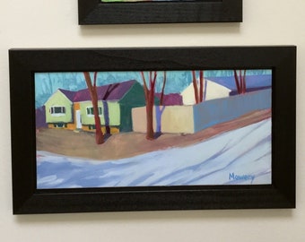 Good Fences - 6x12 inches original framed acrylic painting of a house with blue fence by Maryland artist Barb Mowery