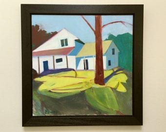 Turn Left and Left Again - 12x12 inches framed original acrylic landscape painting of a house with funny angles on a hill by Barb Mowery