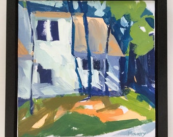 Looky-Loo - 8x8 inches original framed acrylic suburban landscape painting by Maryland artist Barb Mowery