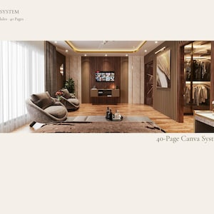 Könnte beinhalten: Eine digitale Präsentation mit dem Titel THE SYSTEM 10 Modules - 40 Pages und 40-Page Canva System, die ein gerendertes Schlafzimmer-Interieur mit zwei grauen Sesseln, einem Fernseher, einer Holzwand und einem begehbaren Kleiderschrank zeigt.