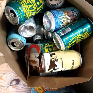 May include: A brown paper bag filled with various aluminium cans of beer and soda. The cans are mostly green and blue with white lettering. Some of the cans have the words "Sierra Nevada" and "Torpedo IPA" printed on them.