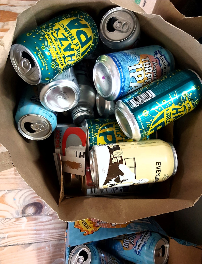 May include: A brown paper bag filled with various aluminium cans of beer and soda. The cans are mostly green and blue with white lettering. Some of the cans have the words "Sierra Nevada" and "Torpedo IPA" printed on them.