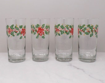 Vintage Libbey Christmas Highball Glasses, 16 oz, Holly & Bows - set of 4 (1980s)