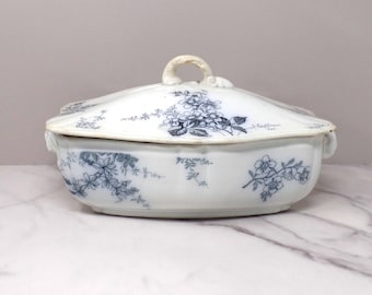 Antique Alfred Meakin Ironstone Transferware Covered Vegetable Dish, Blossom