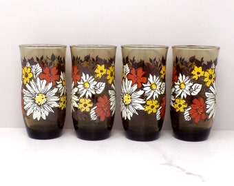 Vintage Wildflower 14 oz Tall Water Glasses / Tumblers - set of 4 (1970s)