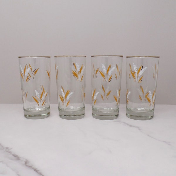 Vintage Wheat 12 oz Gold-rimmed Highball Glasses - set of 4 (1960s Mid Century Modern)