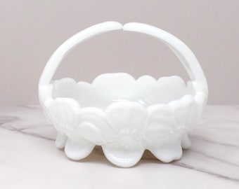 Vintage Westmoreland Milk Glass Dogwood Flower Basket / Split-Handled Candy Dish