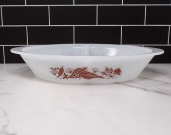 Vintage Glasbake Divided Glass Casserole Baking Dish (J-2352) - Brown Vegetable Medley (1961-83), Retro Milk Glass