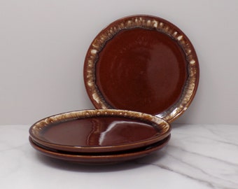 Vintage Brown Drip Side Plates - set of 3, Unmarked maybe Hull - Salad Bread Small Plates 7 1/2" diameter