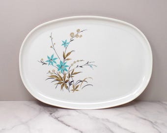 Vintage Melmac 14" Serving Platter, Blue & Gold Wildflowers (1950s)