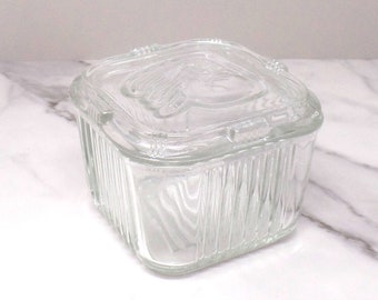 Vintage Federal Glass Refrigerator Dish - Ribbed Sides with Vegetables on Lid (1950s)