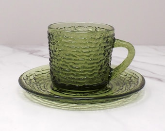 Vintage Anchor Hocking Soreno Avocado Green Glass Cup & Saucer, 6 oz (1966-70)
