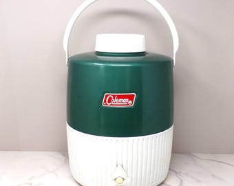 Vintage Coleman Water Cooler Jug Green & White 2 Gal Thermos Dispenser w Cup