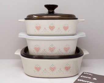 Vintage Corningware Set of 3 Casserole Pans (1, 1 /2, 2 Qt) with Lids and Original Instruction Book - Forever Yours (1990-94)