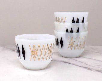 Federal Glass 6 oz Custard Cups / Ramekins, Black Diamonds / Atomic Harlequin, set of 4 (1960s) MCM