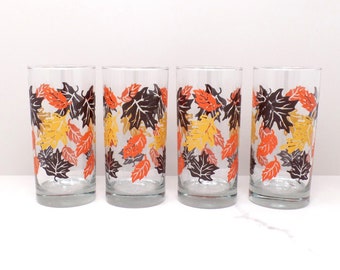 Vintage Autumn Leaves 16 oz Highball Glasses / Tumblers - set of 4 (1980s)