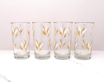 Vintage Wheat 12 oz Gold-rimmed Highball Glasses - set of 4 (1960s Mid Century Modern)