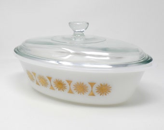 Vintage Glasbake 1 Qt. Oval Casserole with Glass Lid - Gold Sunburst MCM, Made in the USA