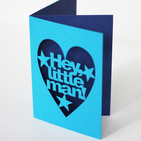 Hey Little Man Papercut New Baby Boy Congratulations Card - Bright Blue