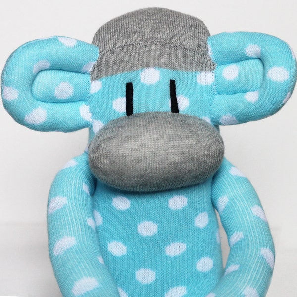 Sock Monkey - Pale Blue and White Spotty - MADE TO ORDER