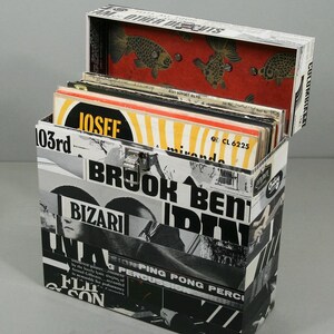 May include: A rectangular vinyl record storage box with a hinged lid. The box is decorated with a collage of black and white text and images. The interior lid features a red background with gold fish. The box is filled with vinyl records.