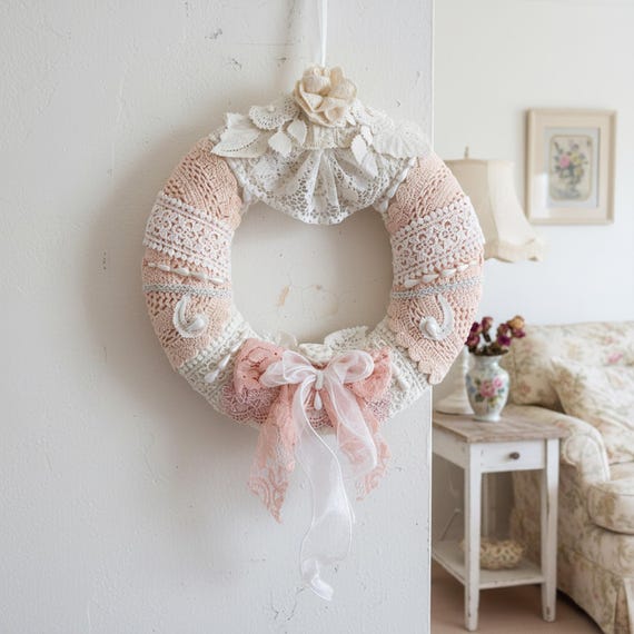 Easter Wreath Shabby Chic, Pink Lace Wreath Handmade, Cottagecore 