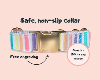 May include: A white dog collar with rainbow stripes and a gold buckle. The collar is advertised as safe, non-slip, and with free engraving. The text "Donates 10% to dog rescue" is also visible.
