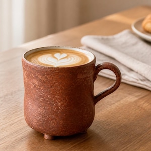 Peut inclure: Une tasse en céramique rustique et texturée de couleur brun rougeâtre, dotée d'une petite anse et de trois petits pieds à la base. La tasse est remplie d'un café au lait avec un motif de mousse en forme de cœur blanc sur le dessus.
