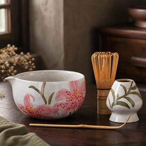 Handgjort matchaset med rosa lilja, keramisk chawan med pip, bambuvisp och skopa, blommig matcha-present till teälskare