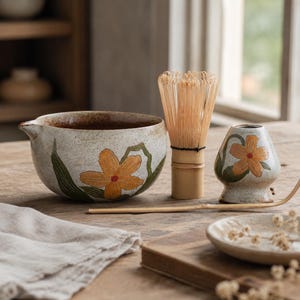 Bloemen matcha komset, handgemaakte keramische theeset, gele bloem Chawan, starterspakket botanische thee, aardewerkcadeau voor theeliefhebber