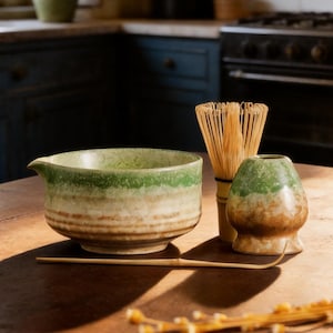 手作りの苔雨抹茶茶碗セット：ヴィンテージ茶道キット
