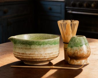 Handgemaakte Moss Rain Matcha Bowl-set: vintage theeceremonieset