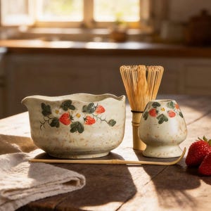 May include: A ceramic matcha bowl and a matching whisk holder, both featuring a speckled cream finish with hand-painted red strawberries and green leaves. A bamboo whisk and a bamboo scoop are included, alongside two fresh red strawberries.