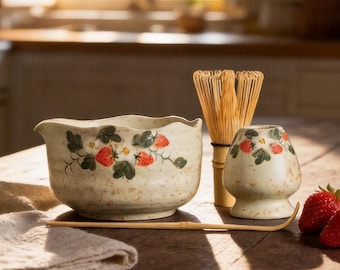 Handcrafted Vintage Strawberry Blossom Beige Matcha Bowl Set Spout Mottled Style Matcha Gift Set of 4 Tea Ceremony Set