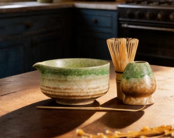 Handmade Moss Rain Matcha Bowl Set: Vintage Tea Ceremony Kit