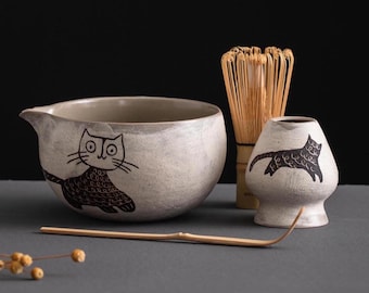 Hand Carved Cat Matcha Bowl Set with Spout: Personalized Tea Gift