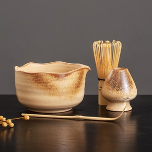 Handmade Khaki Vintage Matcha Bowl Gift Set of 4 Pottery Matcha Tea Ceremony Set Gift Ideas