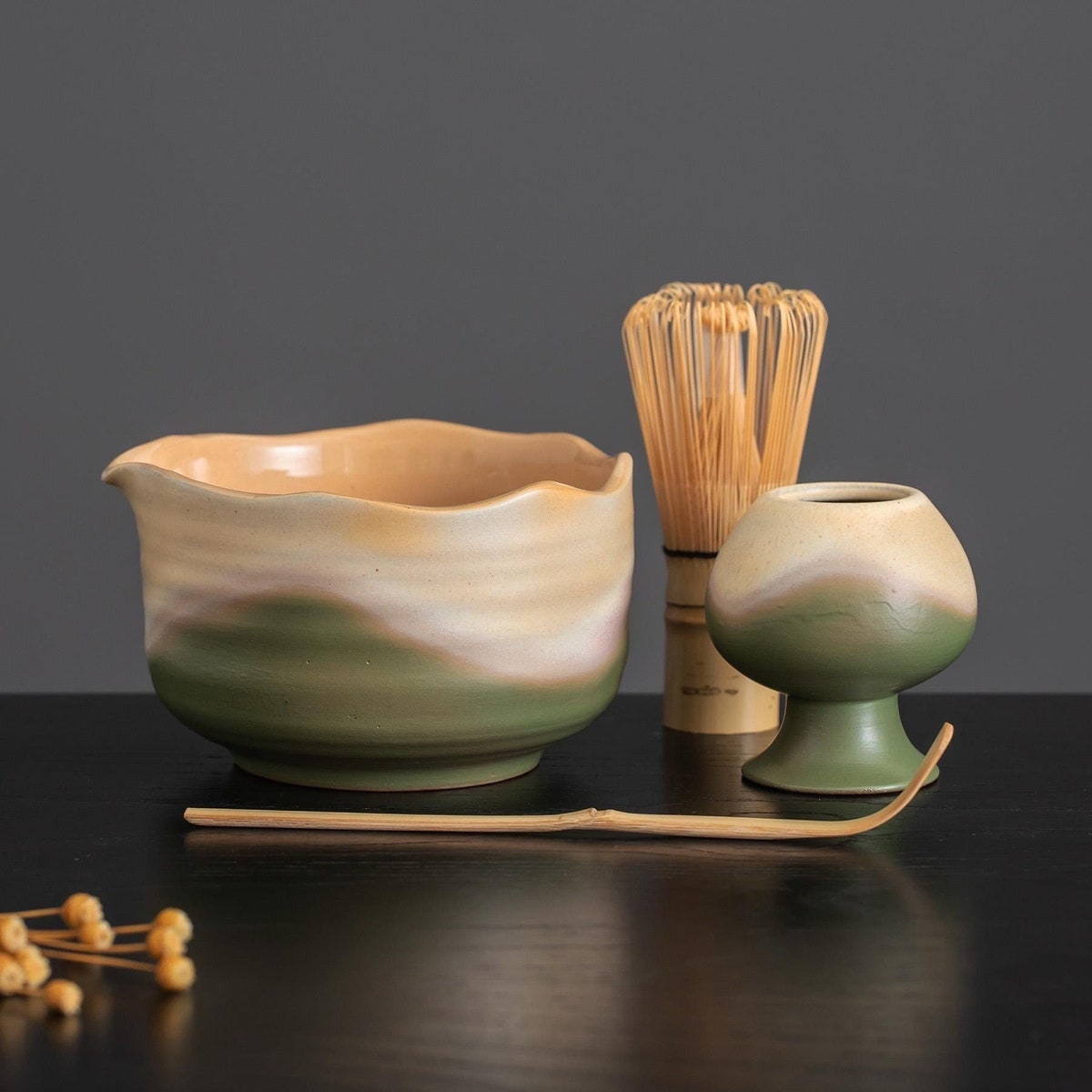 Handmade Green Field Natural Glazing Matcha Bowl Set of 4 Matcha Gift Set