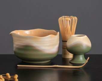 Handmade Green Field Natural Glazing Matcha Bowl Set of 4 Matcha Gift Set Personalized Gifts