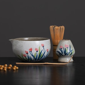 Handcrafted Pink Cat Flower Matcha Bowl Set with Spout Matcha Gift Set of 4 Tea Ceremony Set Personalized Gifts