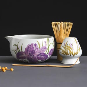 Handcrafted Purple Lily Matcha Bowl Set with Spout Matcha Gift Set of 4 Tea Ceremony Set Personalized Gift for Her