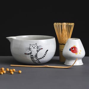 Handmade Dancing Cat with Fish Matcha Bowl Set with Spout Matcha Gift Set of 4 Matcha Tea Ceremony Set