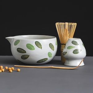 Handcrafted Green Leaves Matcha Bowl Set with Spout Matcha Gift Set of 4 Tea Ceremony Set Personalized Gifts