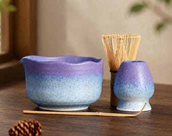 Handmade Blue Purple Matcha Set, Ceramic Chawan Bowl with Bamboo Chasen, Wabi Sabi Tea Ceremony Starter Kit Gift