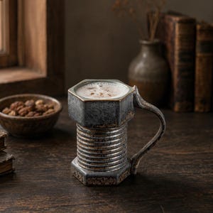 May include: A ceramic mug shaped like a large metal bolt with a hexagonal top and threaded sides. The mug features a dark, mottled blue and brown glaze with a weathered finish and a curved handle. It is filled with a frothy, light-colored beverage.