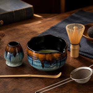 Juego de cuencos para matcha hechos a mano, chawan de cerámica con borde ondulado y batidor de bambú, regalo para la ceremonia del té Amber Tide, juego de 5 piezas.