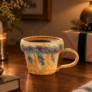 Può includere: Una tazza in ceramica con un bordo largo e svasato e un manico curvo. La base della tazza presenta una finitura testurizzata e maculata color marrone chiaro, mentre la parte superiore è decorata con uno smalto colante nei toni del blu e del viola.