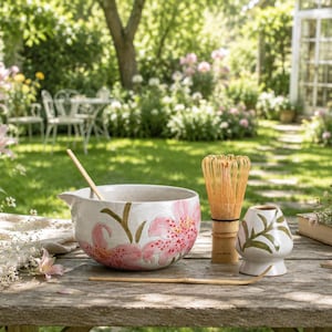 Coffret Matcha Lys Rose Fait Main, Chawan en Céramique avec Bec verseur, Fouet et Cuillère en Bambou, Cadeau Matcha Floral pour les Amateurs de Thé